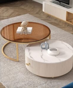 Anastasia Nesting Coffee Table Set, Borwn Glass & Sintered Stone, For Display