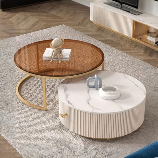 Anastasia Nesting Coffee Table Set, Borwn Glass & Sintered Stone, For Display
