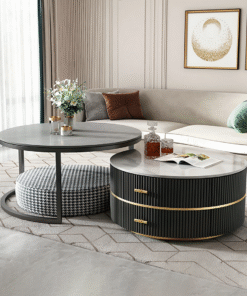 Neddy Nesting Coffee Table With Drawers & Ottoman, Sintered Stone