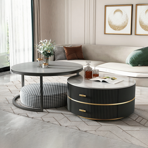Neddy Nesting Coffee Table With Drawers & Ottoman, Sintered Stone